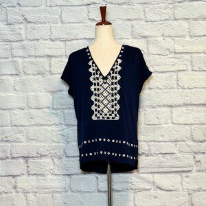 J. Crew Navy Blue & White Embroidered Eyelet Top